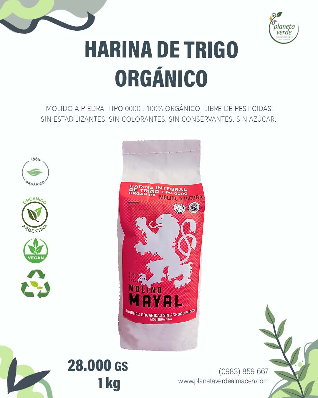 Harina Integral de Trigo Orgánico. (Buck Charrúa) Tipo 0000. Molido a Piedra