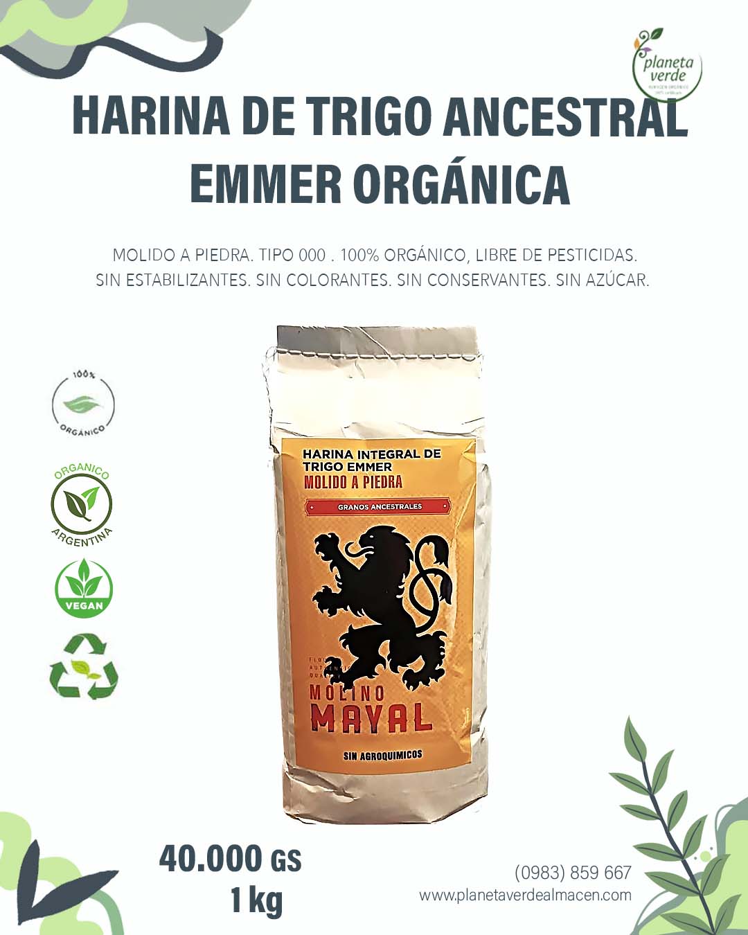 Harina de trigo Ancestral (Emmer) Orgánico. Tipo 000 Molido a Piedra